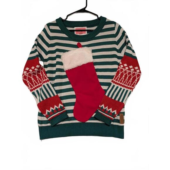 Tipsy Elves Festive Striped Christmas Sweater with Stocking Attached Womens Med - Picture 1 of 13